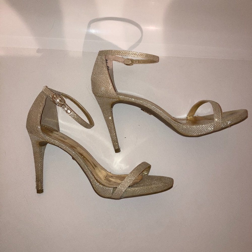 J. Lo Cozette Sparkle Heel Ankle Strap Stilettos in light gold